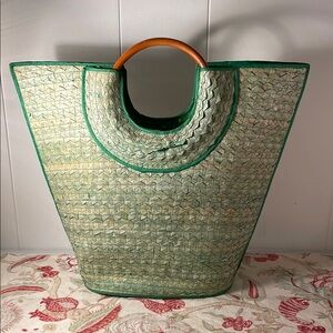 Green Woven Kelly Green Handcrafted Straw Tote Bag with Wooden Handles